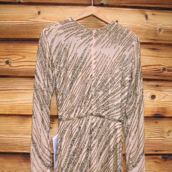 Mac Duggal Long Sleeve Beaded Column Gown Dress Mocha Size 4 - Picture 12 of 14